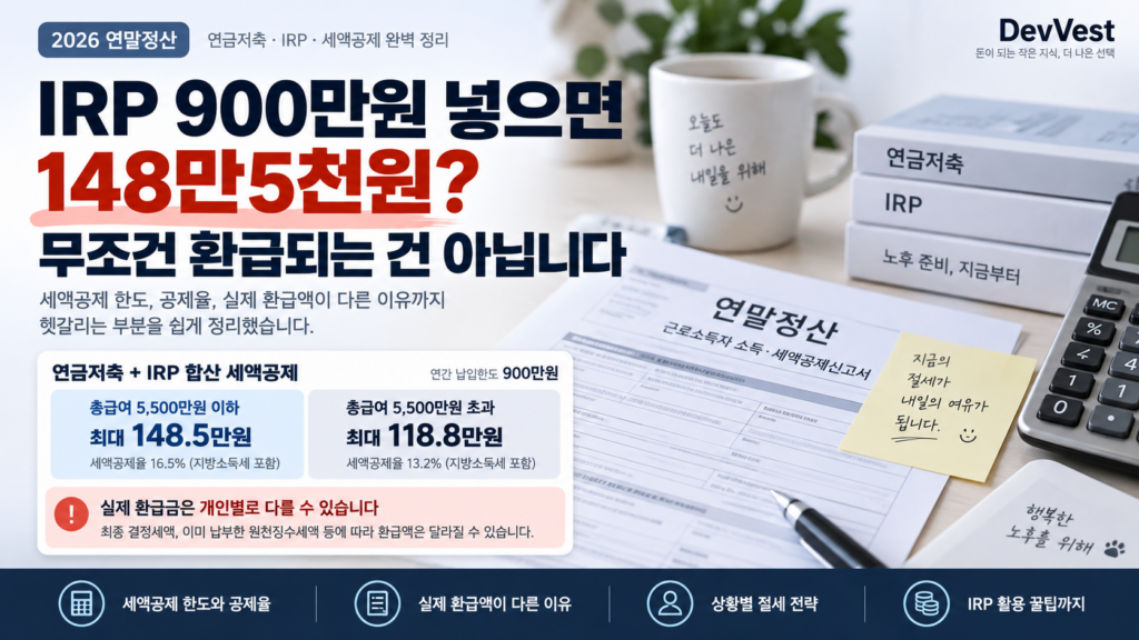 IRP 900만원 납입 시 세액공제 한도와 실제 환급액이 다를 수 있음을 설명하는 이미지