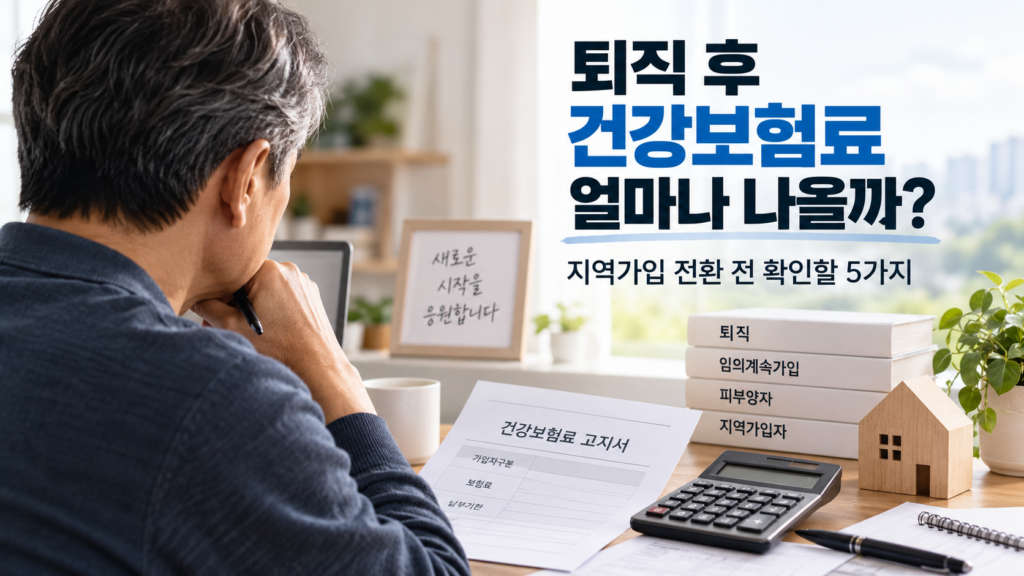 퇴직 후 건강보험료와 피부양자, 임의계속가입, 지역가입자 선택을 설명하는 이미지