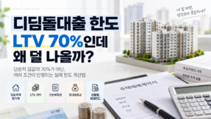 아파트와 계산기, 주택매매계약서를 통해 디딤돌대출 한도와 LTV를 설명하는 이미지