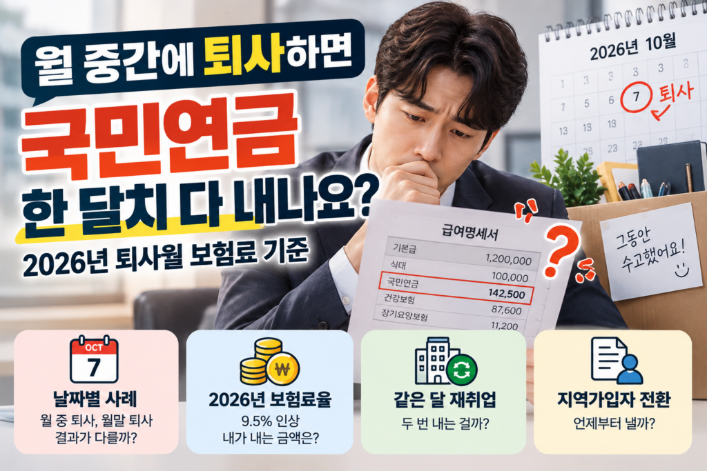 월 중간에 퇴사하면 국민연금을 한 달치 내는지 설명하는 2026년 퇴사월 국민연금 보험료 기준