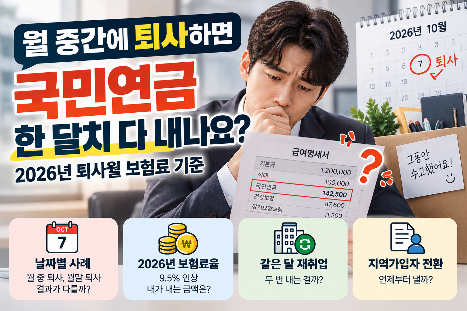 월 중간에 퇴사하면 국민연금을 한 달치 내는지 설명하는 2026년 퇴사월 국민연금 보험료 기준
